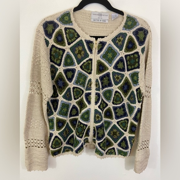 Vintage Y2K Granny Square Cardigan Sweater Crocheted M Petite Boho Cottagecore - Picture 1 of 9
